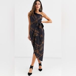 Ted Baker 4 Gabia One Shoulder Midi Dress, Black/Caramel, NWT. (Approx US 10)